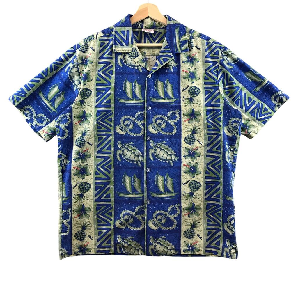 Vintage Kalena Fashions Of Hawaii Hawaiian Shirt L Mens Button‎ Up Blue Tropical